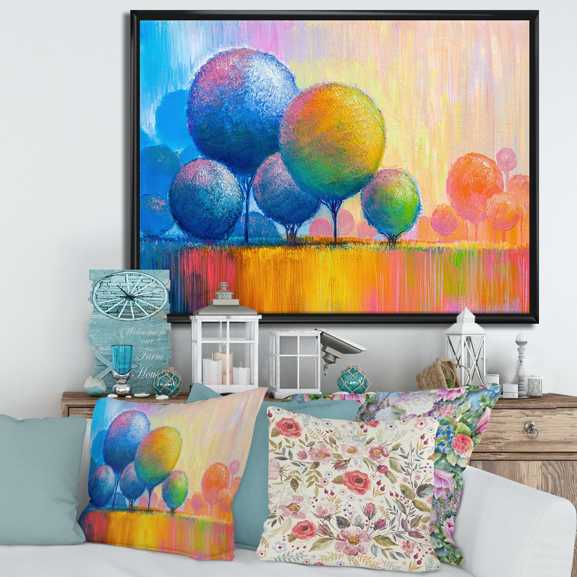 Designart 'Ornamental Colourful Trees VII' Modern Framed Canvas Wall Art Print