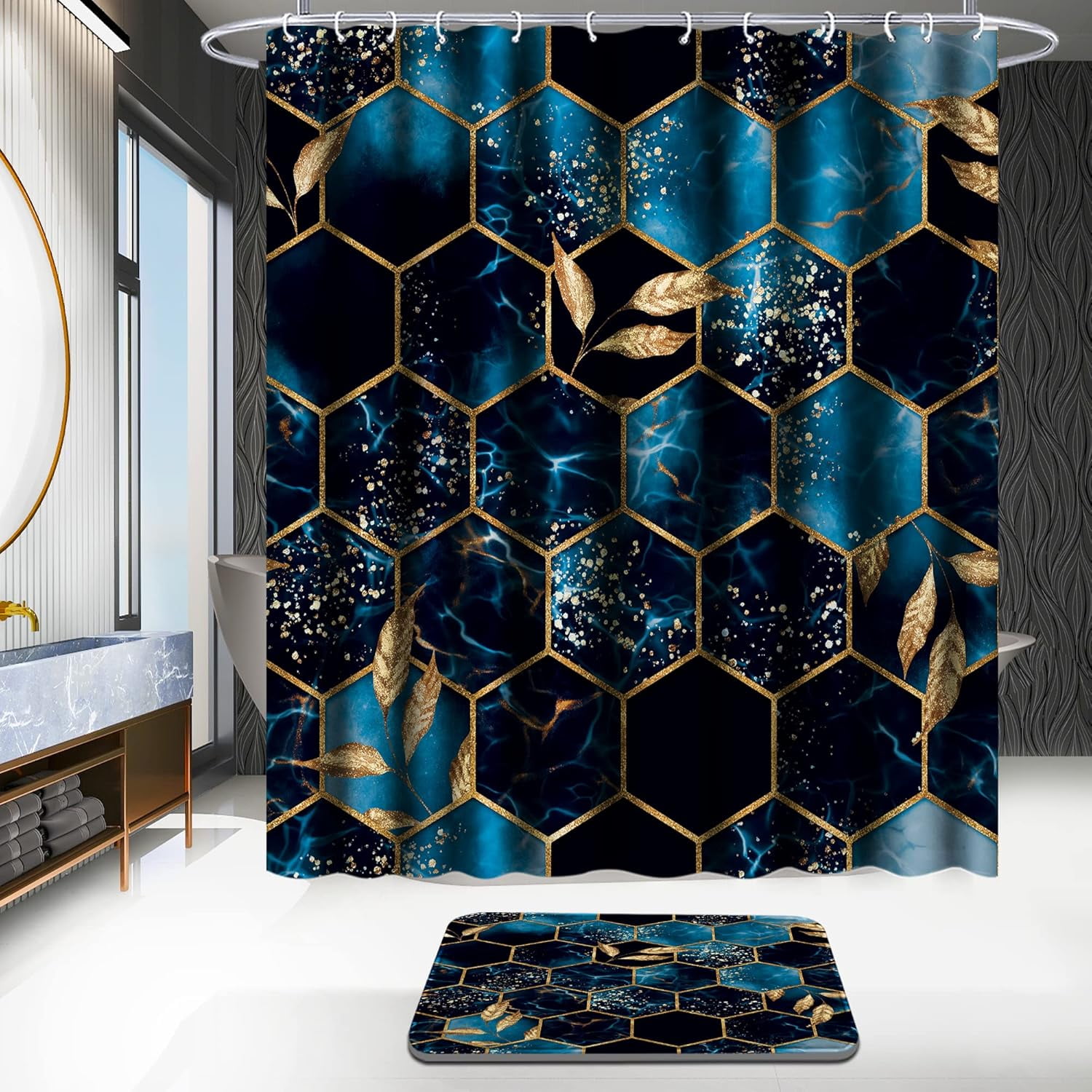 4 Pcs Bathroom Shower Curtain Set,Bathroom Sets with Rugs(Bath Mat,U Shape and Toilet Lid Cover Mat) and 12 Hooks,Sky Blue Honeycomb Marble