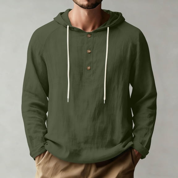 Mens Sleep Shirts Men's Cotton Linen Shirts Long Sleeve Half Button Drawstring Hooded Cardigan Solid Color Summer Casual Beach Vacation Wear Green 3XL