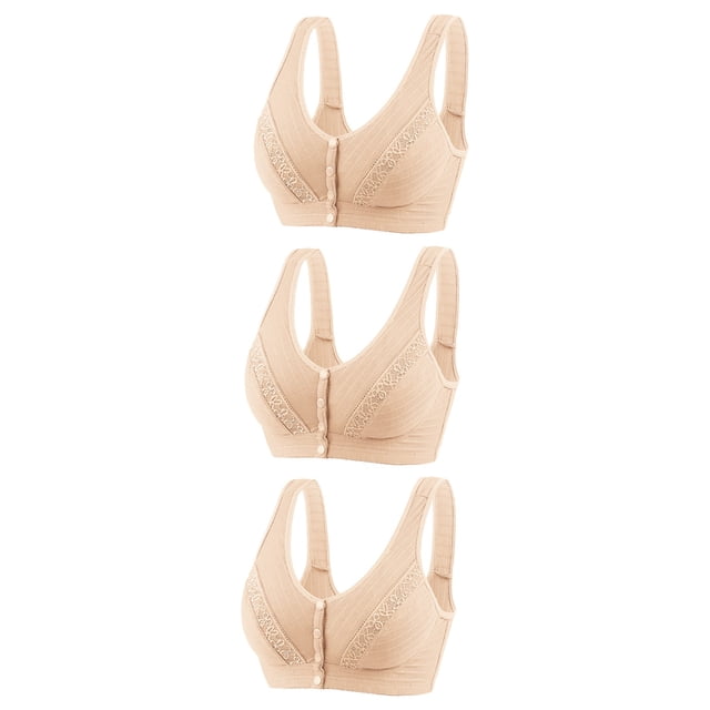 Timegard 3pc Bras for Women No Underwire High Support Front Closure Button Bralette Comfort Daily Bras