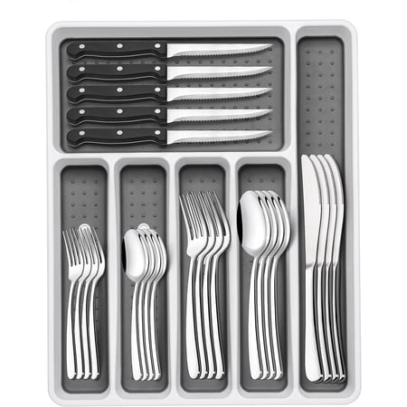 49 Piece Stainless Steel Flatware Set with Organizer – Heavy Duty Silverware Service for 8, Includes Steak Knives, Mirror Polished, Rust-Proof & Dishwasher Safe Cutlery Set