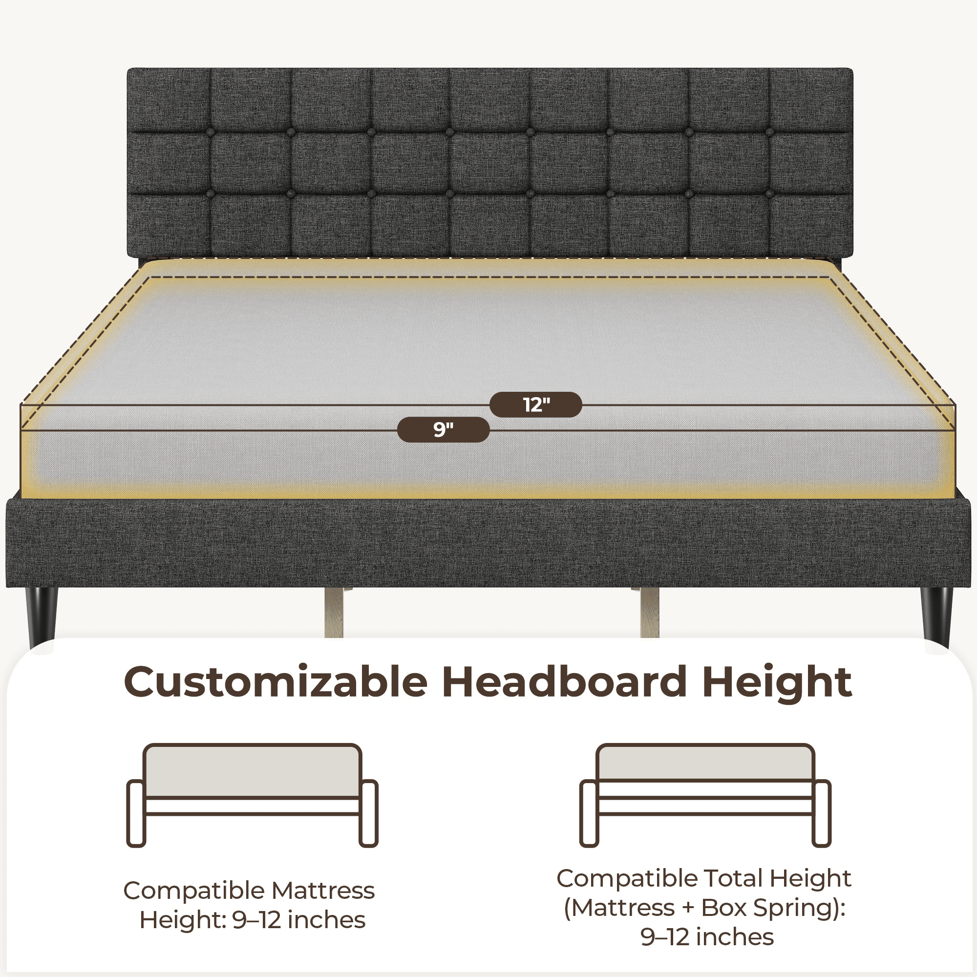 Renwick King Platform Bed Frame with Square Tufted Headboard, Dark Gray