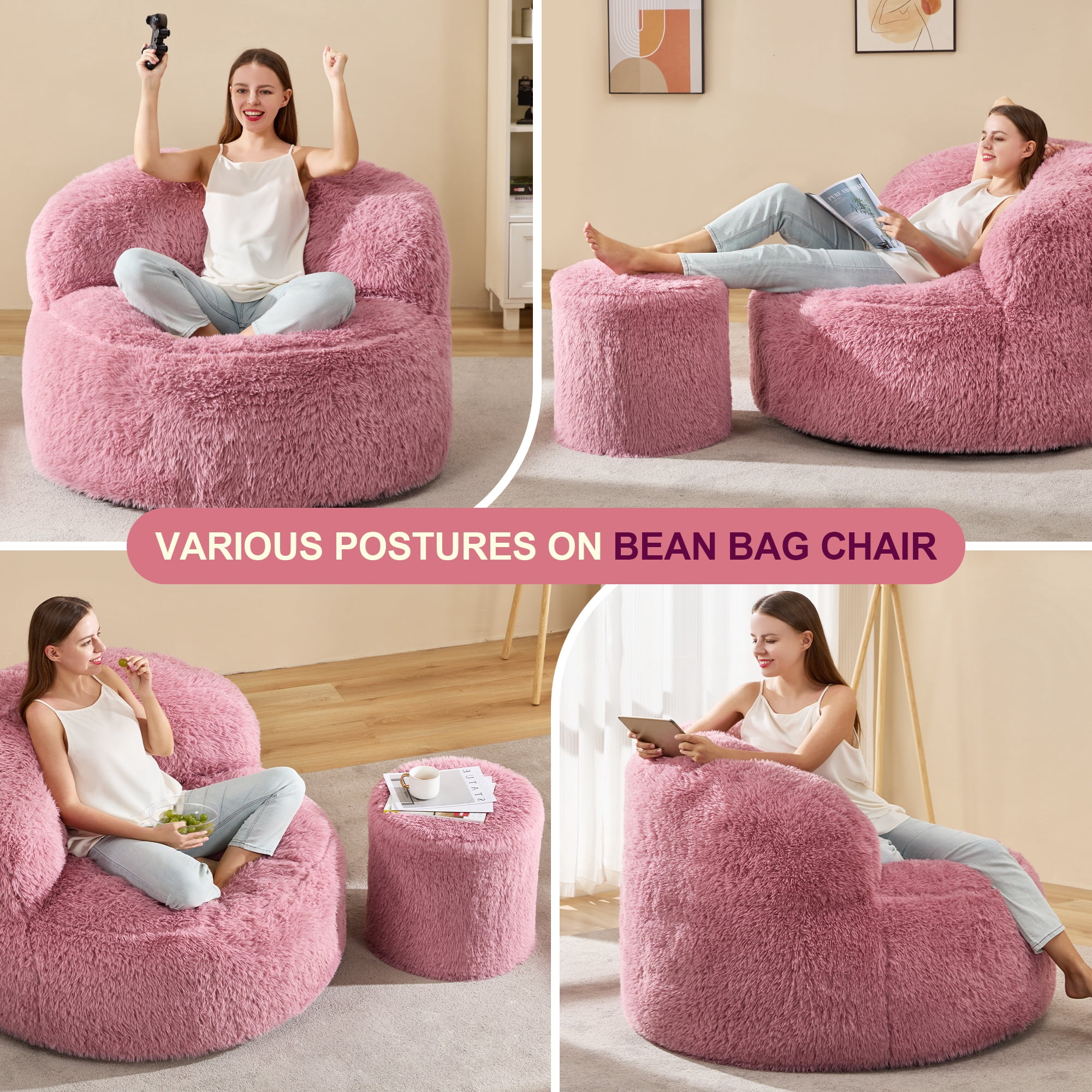 Hobestluk Giant Bean Bag Chairs for Adults Big Bean Bag Chair with Foam Filler Large Beanbags with Stuffed Back Lazy Sofa, Pink-Oversize