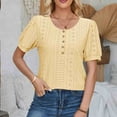 thumbnail image 2 of HAPIMO Women's Loose Pullover Tunic Trendy Round Neck Button Shirts for Teen Girls Solid Color Eyelet Summer Tees Short Sleeve Elegant Casual Workout Tops Yellow L, 2 of 6