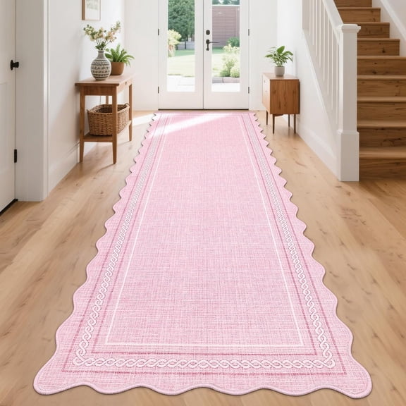 2x8 Runner Rug for Entryway Washable Non Slip Scalloped Edge Pink