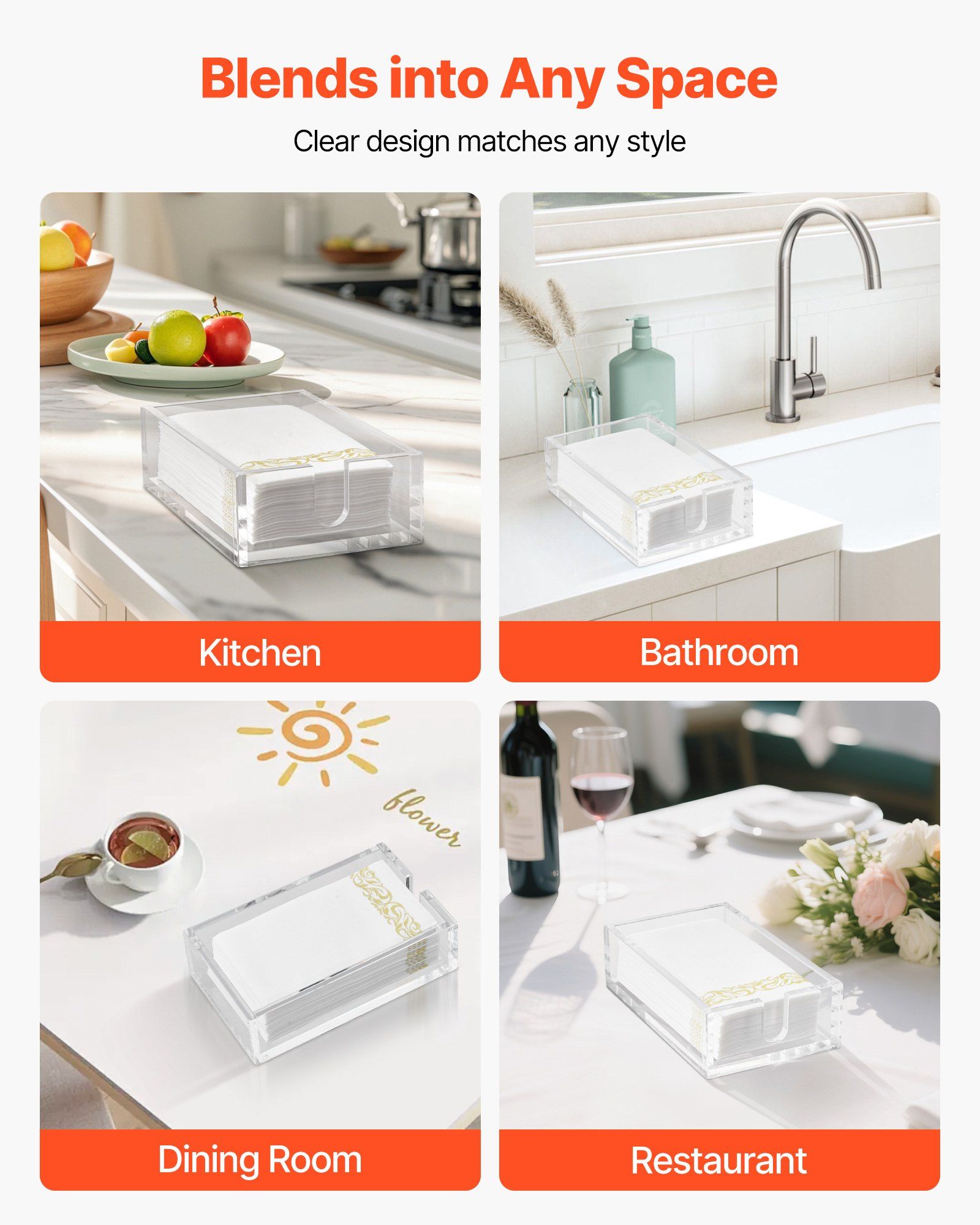 Acrylic Napkin Holder, 9.1 x 5.5 x 2.6 inch, Clear Bathroom Guest Towel Storage Tray with U-Shaped Opening, Disposable Paper Towel Holder for Bathroom Kitchen Parties Weddings & Various Events