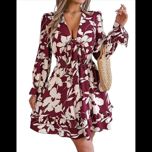Vestido de Verano de Tirantes Acampanado con Cuello en V y Mangas Largas para Mujer Vino Tinto M