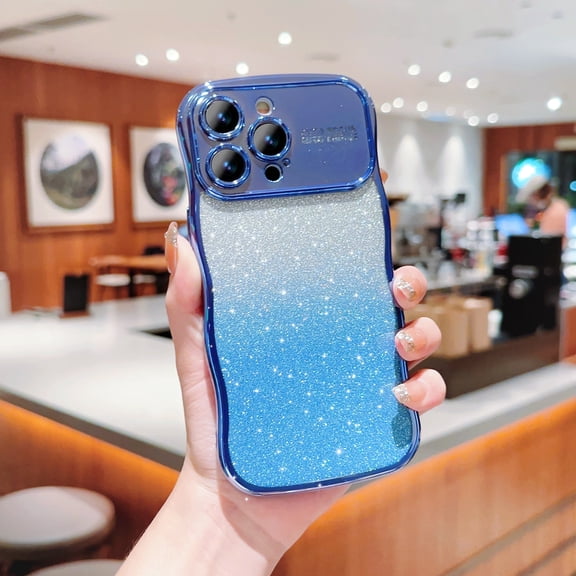 Gradient Glitter Case for iPhone 13, Electroplated Wave-Shaped Bumper Shockproof Scratch Resistant Luxury Sparkle Case with Camera Lens Protector for iPhone 13, Blue