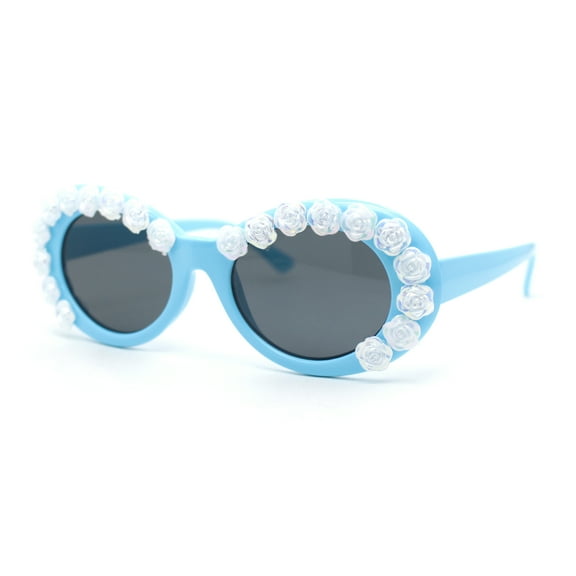 Womens Iridescent Rose Flower Stud Oval Mod Fashion Sunglasses Blue - Black