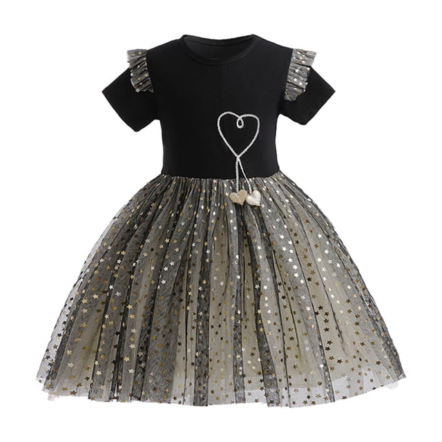 Lujianch Robe à Sequins pour Filles Robe Noire Manches Courtes Robe Princesse en Maille Robes de Demoiselle d'Honneur Taille 3-4 Ans