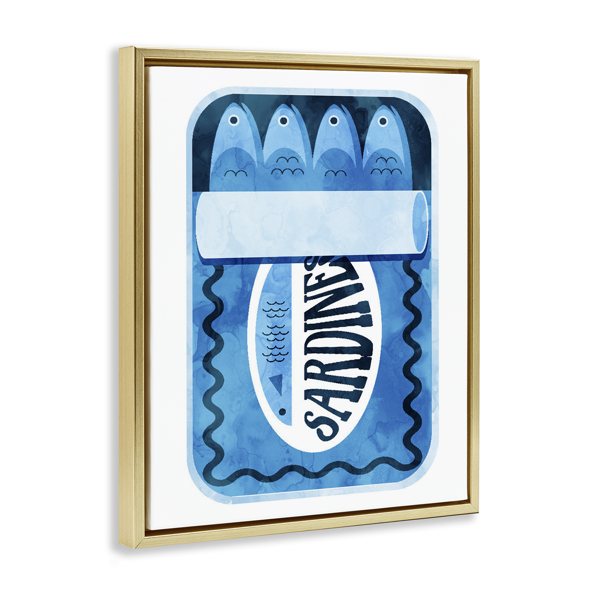 Retro Blue Sardine Tin Gold Framed Floater Canvas Wall Art, design by Daphne Polselli