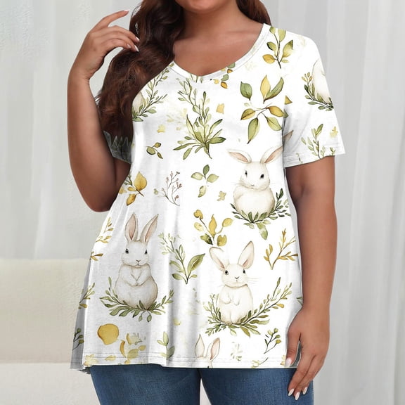 Hfnxid Women Plus Size Easter Top Floral Bunny Graphic T-Shirts Fashion Loose Fit Short Sleeve Shirt Holiday Beach Vacation Casual Tops Multicolor XXL