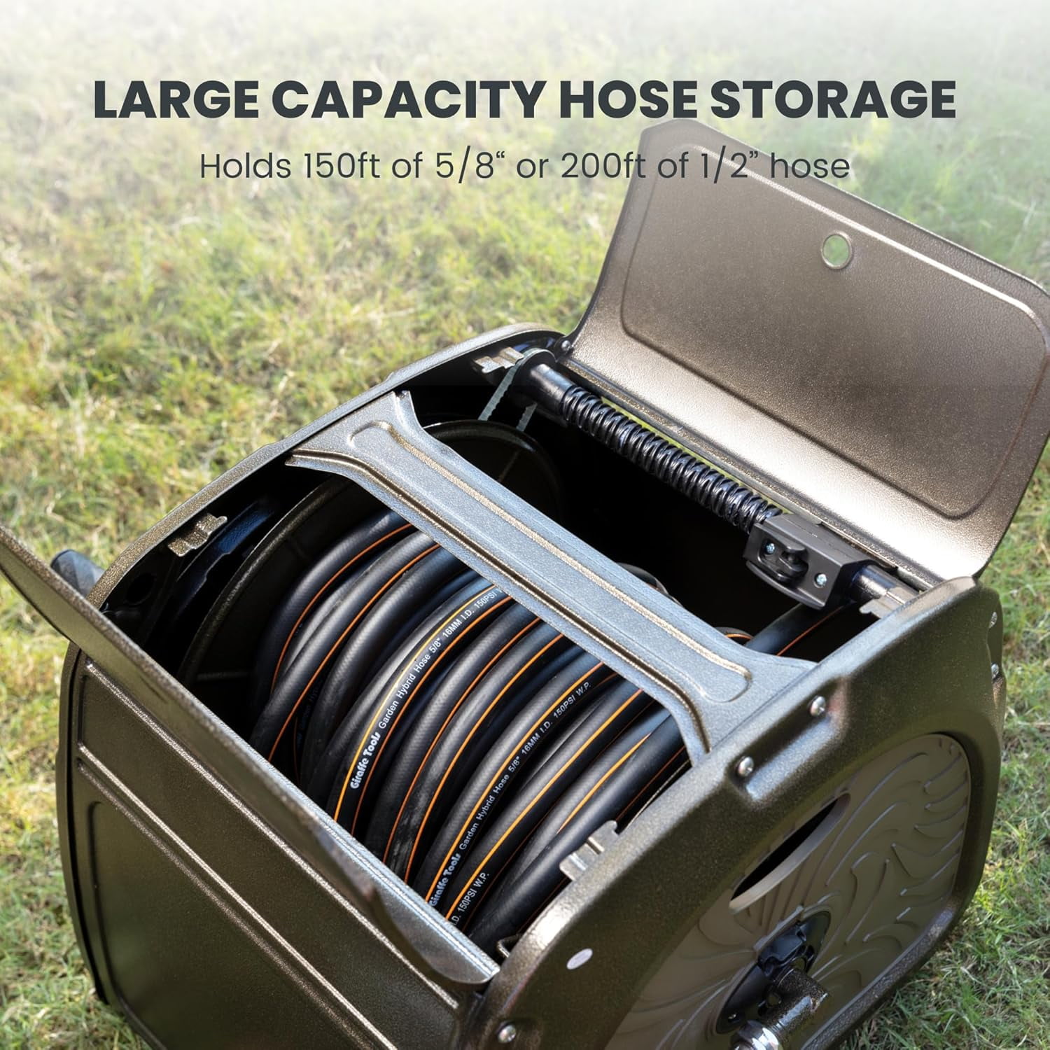 Giraffe Tools Metal Garden Hose Reel Box, Heavy Duty Storage Reel Hideaway, Green