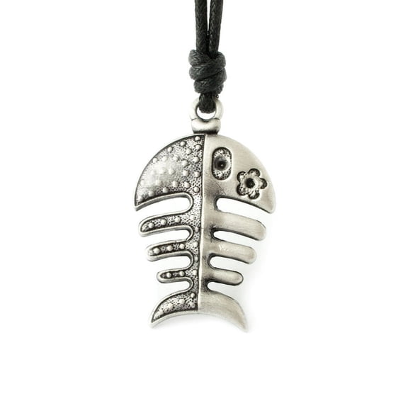 Flower Fish Skeleton Silver Pewter Charm Necklace Pendant Jewelry With Cotton Cord