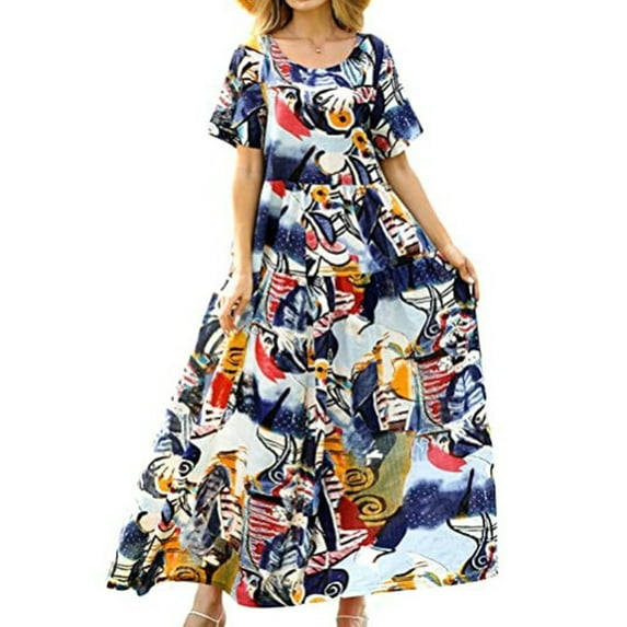 Frontwalk Ladies Bohemian Pleated Maxi Dresses Crew Neck Casual Long Dress Short Sleeve Beach Sundress