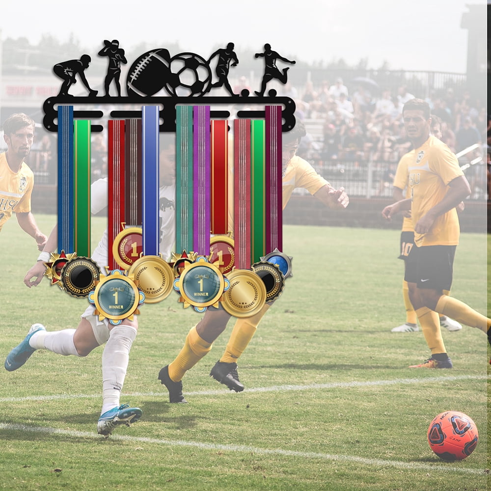 PH Football Soccer Medal Holder Athletics Medal Hanger Display Rack Wall Mount Hanger Decor Trophy Shelf Tiered Award Rack Award Ribbon Hanger