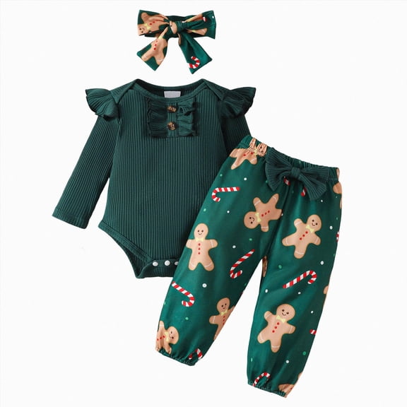 CAICJ98 Newborn Baby Girl Christmas Outfit Ruffle Long Sleeve Romper Bodysuit Bow Pants Set with Headband Cute Infant Fall Winter Clothes (Green,3-6 Months)