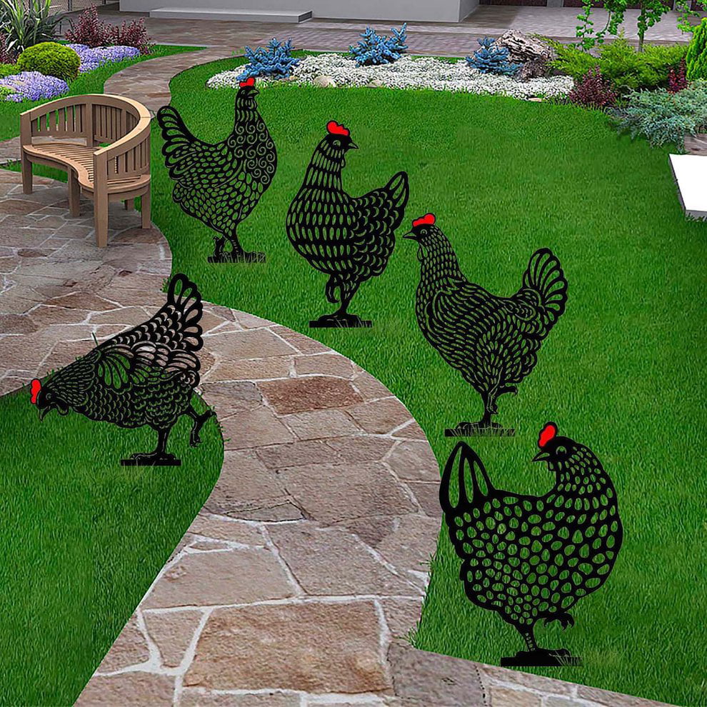 Cat Chicken Yard Art Outdoor Garden Backyard Lawn Stakes Metal Hen Yard Decor 