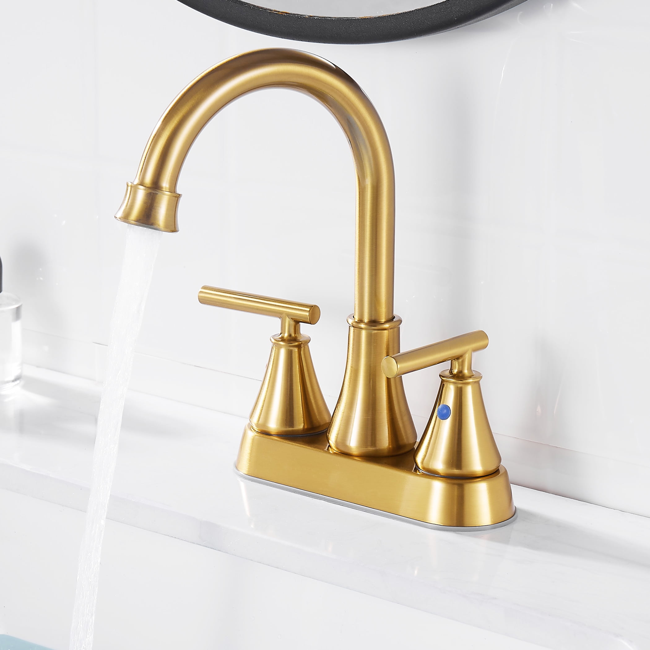Kede Bathroom Sink Faucet 4 Inch 2 Handle CentersetGolden Brushed Lead-Free Modern Bathroom Faucet Vanity Faucet with Pop-up Drain Stopper and Supply Hoses