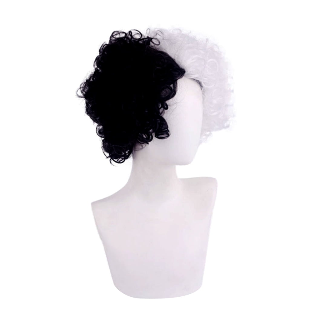 ZPAQI Cruella Devil Wig Short Curly Half White Half Black Wigs Women's Cosplay Wig