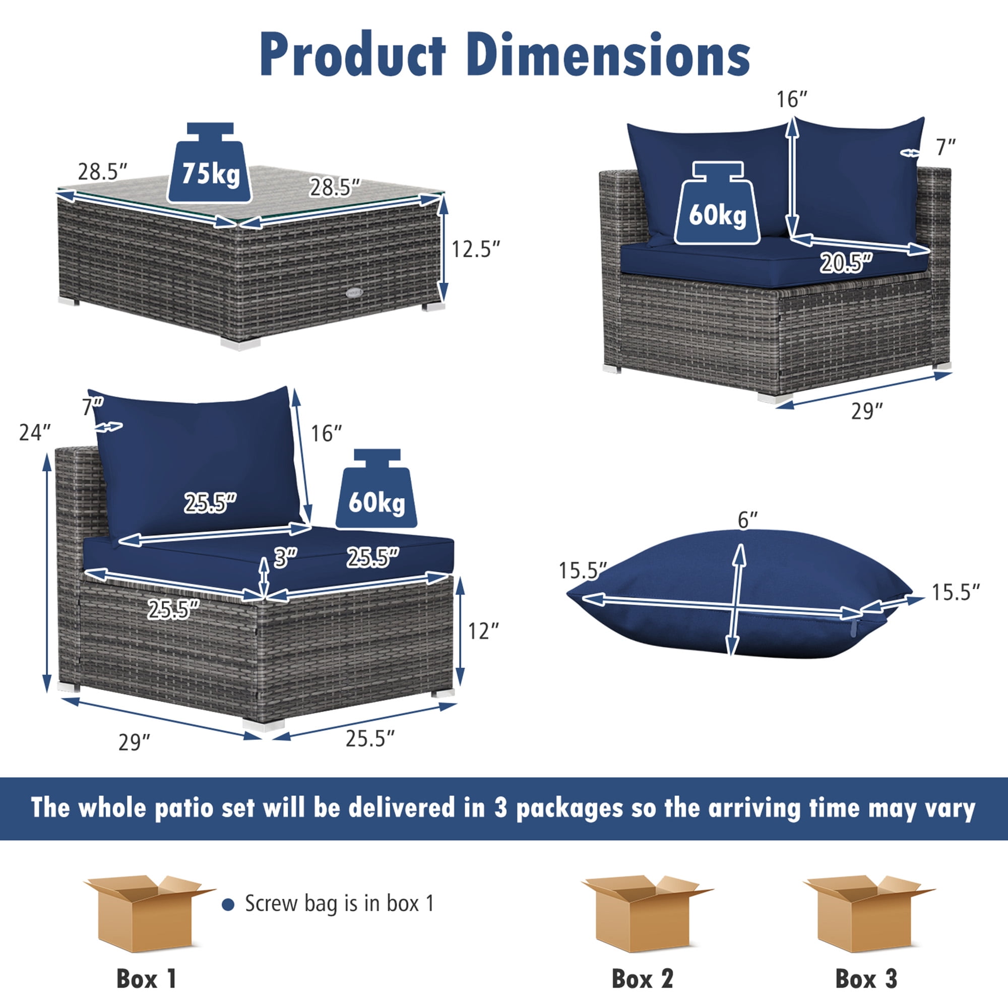 Gymax 7PCS Patio Rattan Sectional Sofa Set Outdoor Furniture Set w/ Navy Cushions