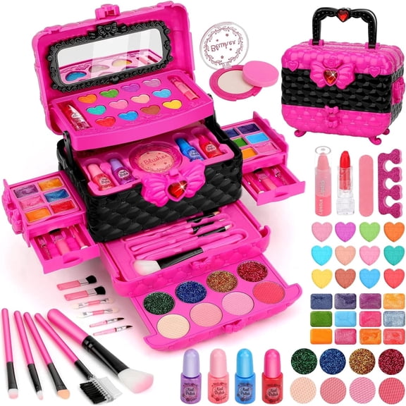 Aureyung Real Kids Makeup Kit 54 PCS, Washable Formula Non-Toxic, Princess Toys for Girls Ages 3-12 , Rose Red