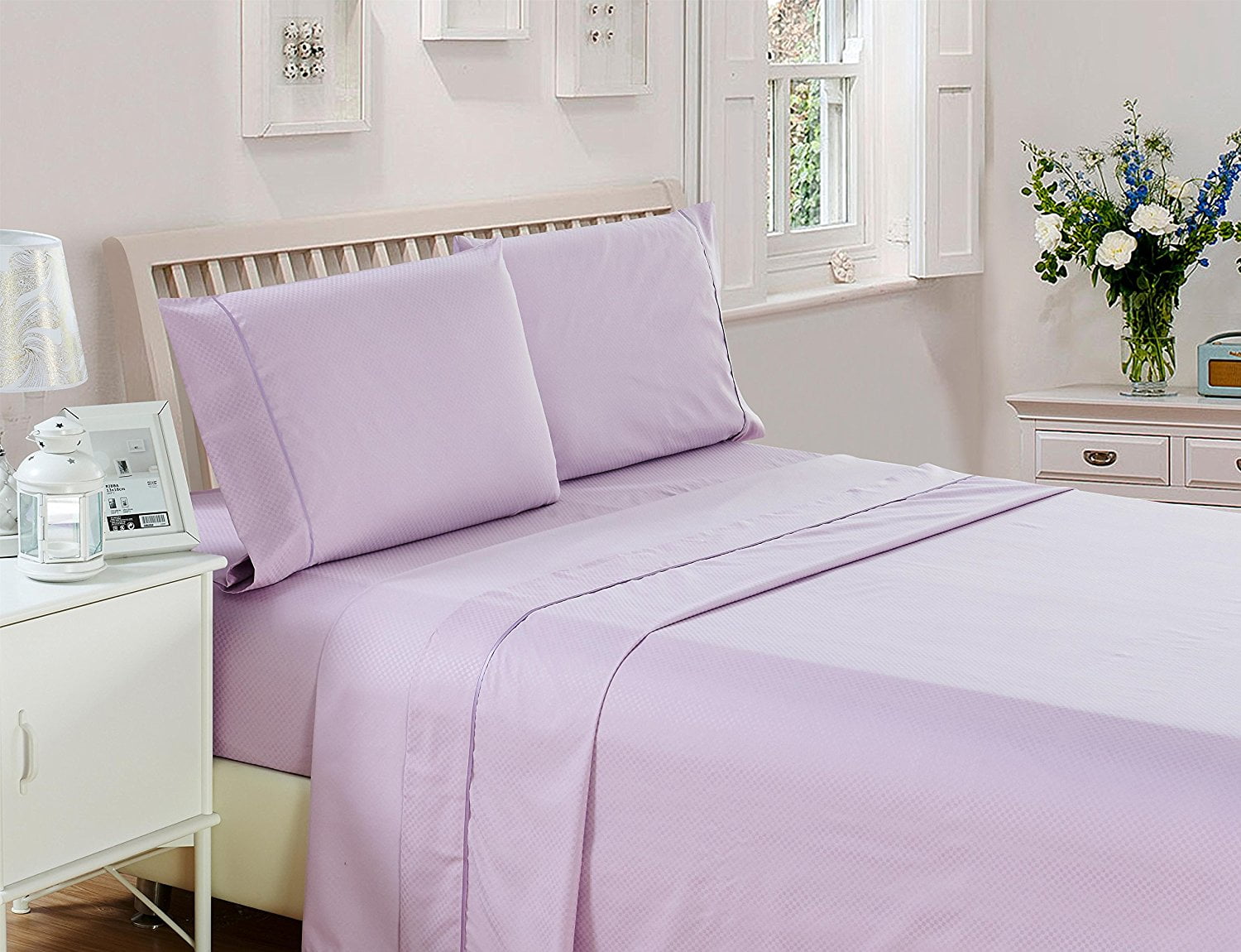 Checkered Embossed Bed Sheet Set (Full, Lavender) 4 Piece Deep Pocket 1800 Series Microfiber
