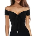 thumbnail image 4 of Women Off Shoulder Top Short Sleeve Tie Front T Shirt Blouse for Daily Dating Shopping Travel Black XL, 4 of 6