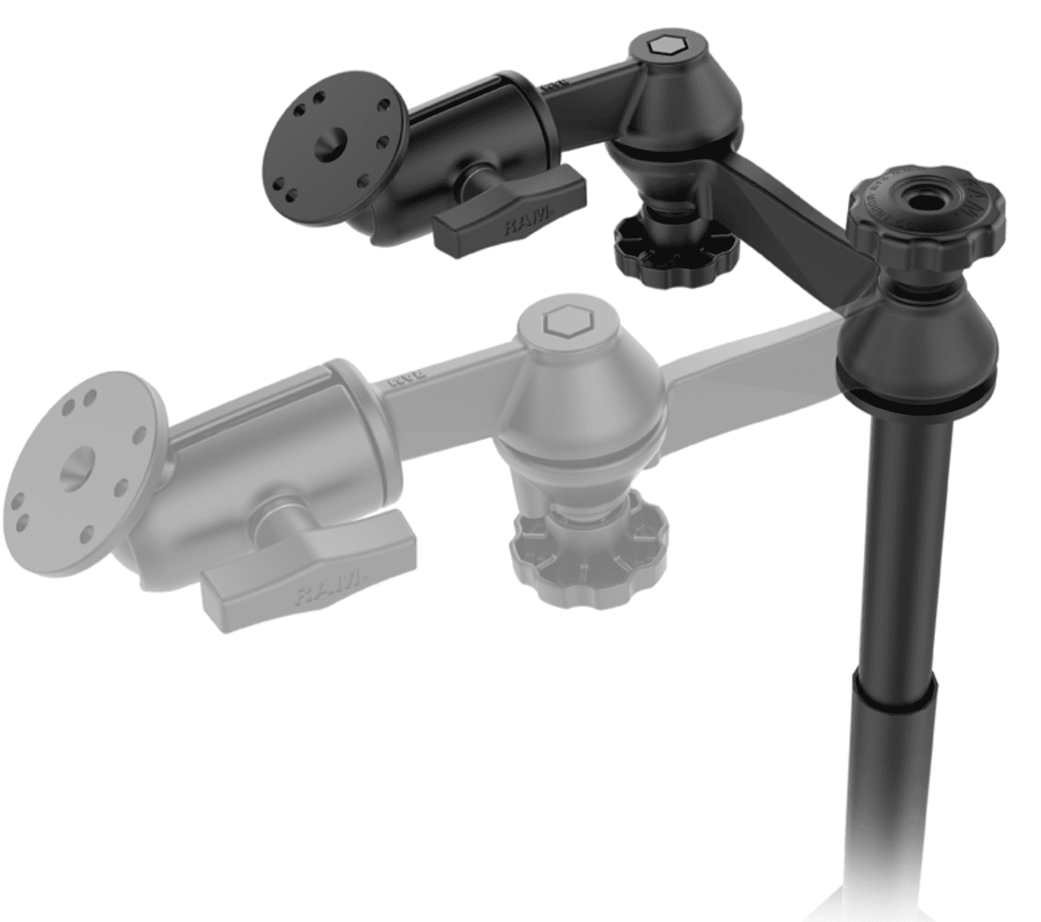 RAM No-Drill - Mounting kit (dual articulating swing arm, mounting base, pole, ball joint) - for notebook / tablet - steel, marine grade aluminum - car seat rails