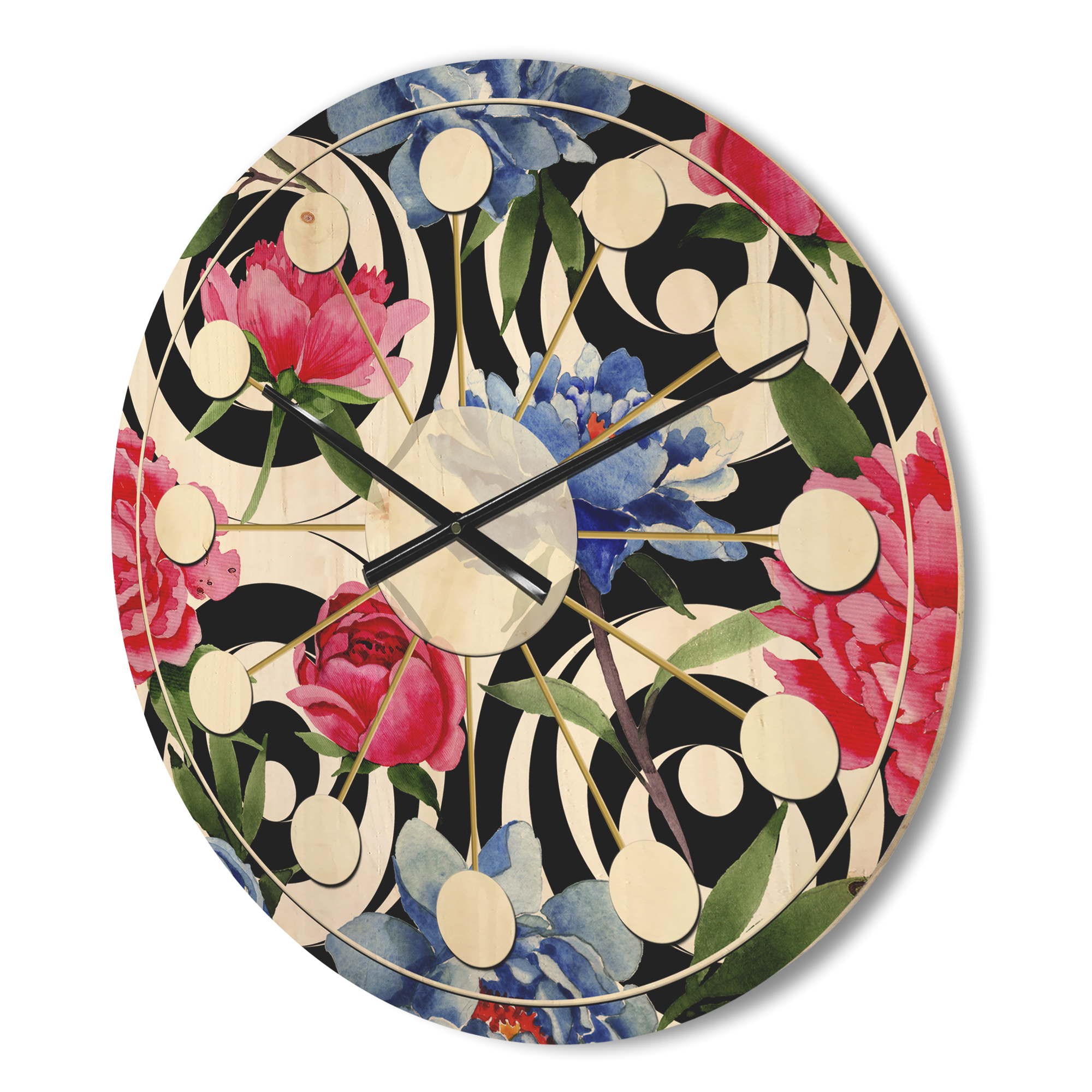 Designart 'Retro Pattern Over Floral I' Mid-Century Modern Wood Wall Clock