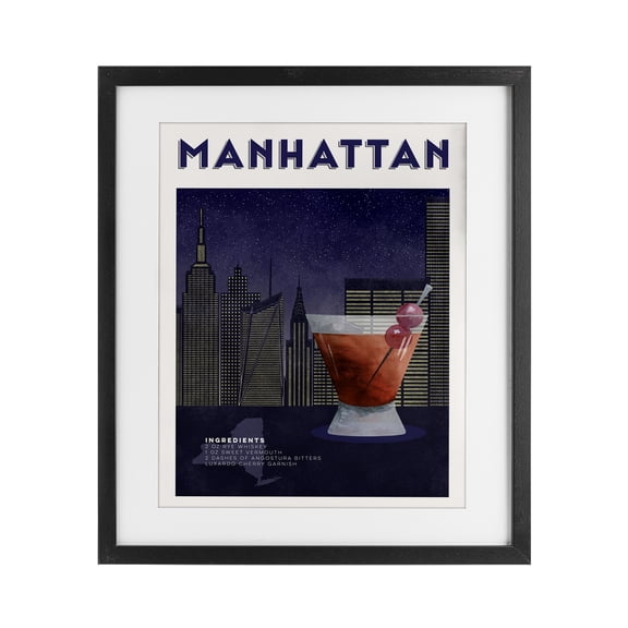 Retro Manhattan Cocktail Cityscape Black Framed Print Under Glass, design by Brett Blumenthal