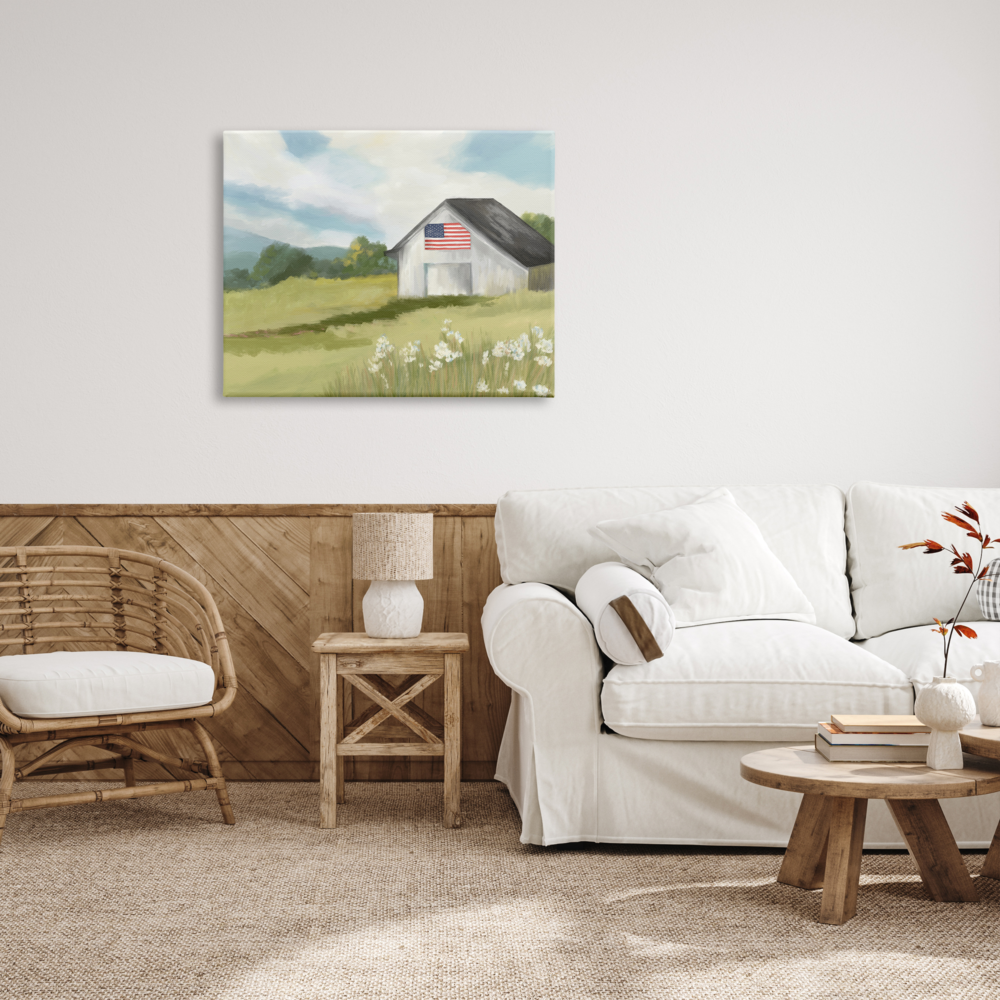 Stupell Industries American Flag on Barn Nature Painting Gallery Wrapped Canvas Print Wall Art, 40 x 30