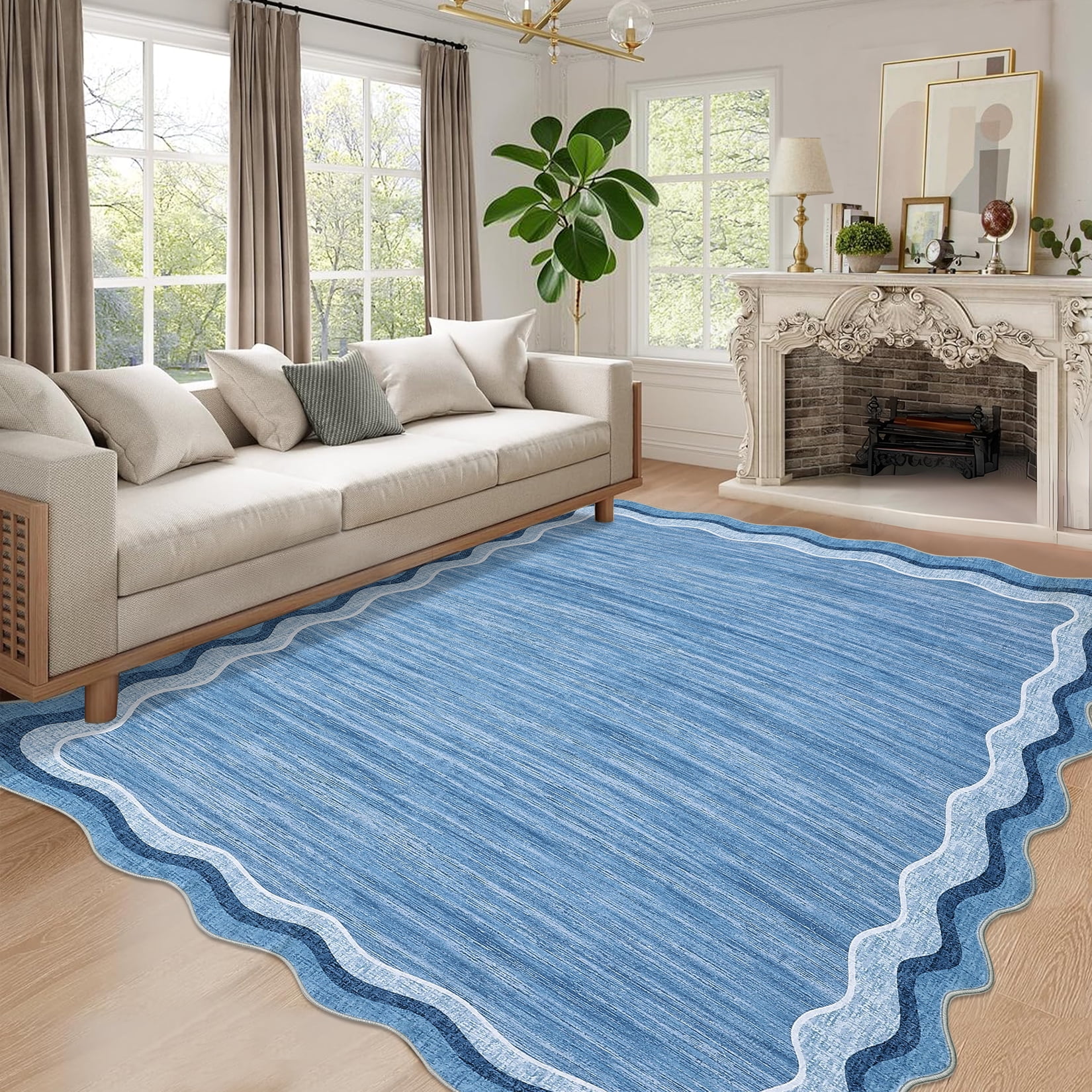 Hasoo Blue Wavy Border Area Rug for Living Room Indoor Bedroom Soft Textured 5' x 7' Carpet with Non-Slip Backing