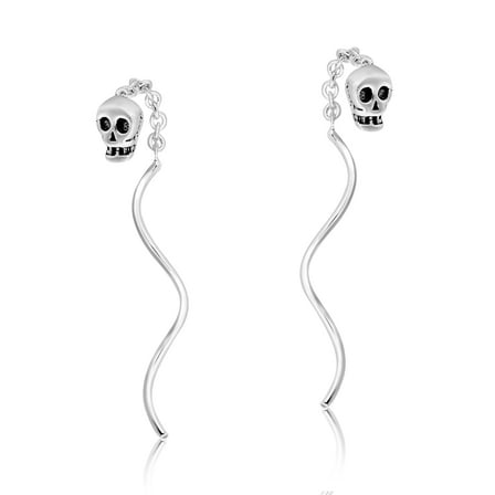 Tiny Skull Chain Thread Spiral Stick Slide .925 Sterling Silver Earrings