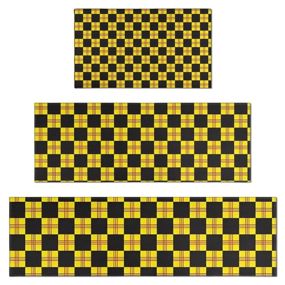 Yellow and Black Checkerboard Checkered Pattern Kitchen Rugs Sets Of 3,Kitchen Runner Rugs Non Skid Washable,Decorative Kitchen Floor Mats for Kitchen,Sink,Laundry,17"x30"  17"x47"   17"x59"