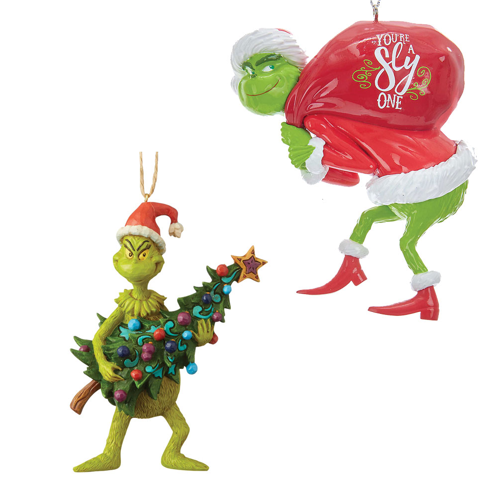 (Set) Dr Seuss Grinch Red Sack Ornament & Holding Tree Jim Shore