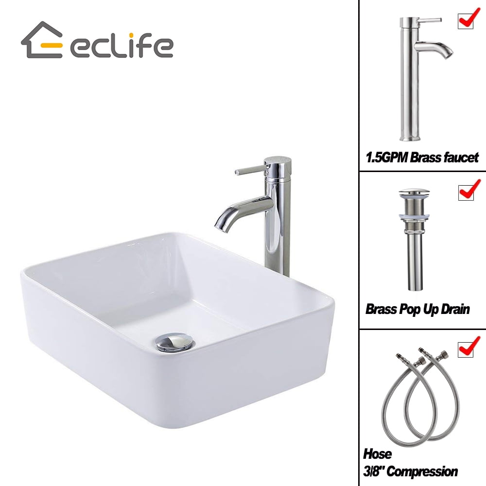 Eclife 18.9" Rectangular Ceramic Bathroom Sink Combo with Faucet 1.5 GPM and Pop up Drain Bathroom Bowl,White