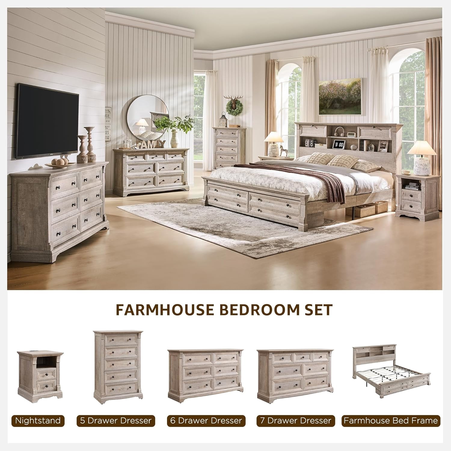 KeyWhat Farmhouse Queen Size Bed Frame with 54" Tall Storage Bookcase Headboard, Wood Platform Bed Frame with 2 Drawers, No Box Spring Needed, Light Rustic Oak