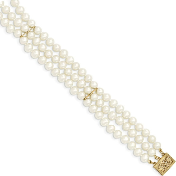 14K Yellow Gold 5-6mm White Near Round Fw Cultured Pearl 3-Strand Bracelet Made In Canada pr14-7.5