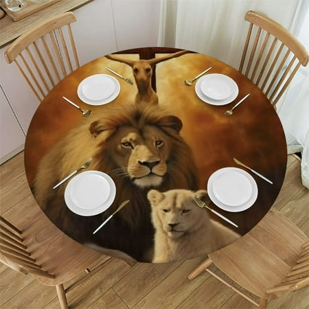 

PALNKART Lion Lamb Cross Round Table Cover Stain Resistant Washable Polyester Fiber Great for Home Kitchen Parties Holiday Dining 54 -58