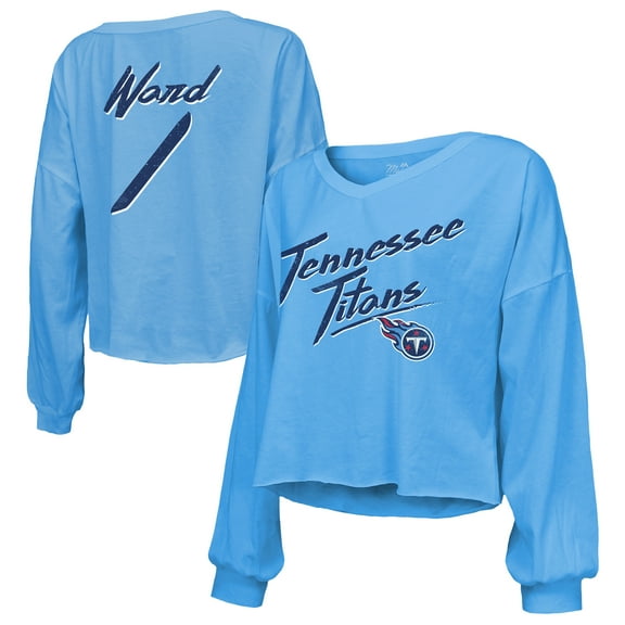 Women's Majestic Threads Cameron Ward Light Blue Tennessee Titans Name & Number Off-Shoulder Script Cropped Long Sleeve