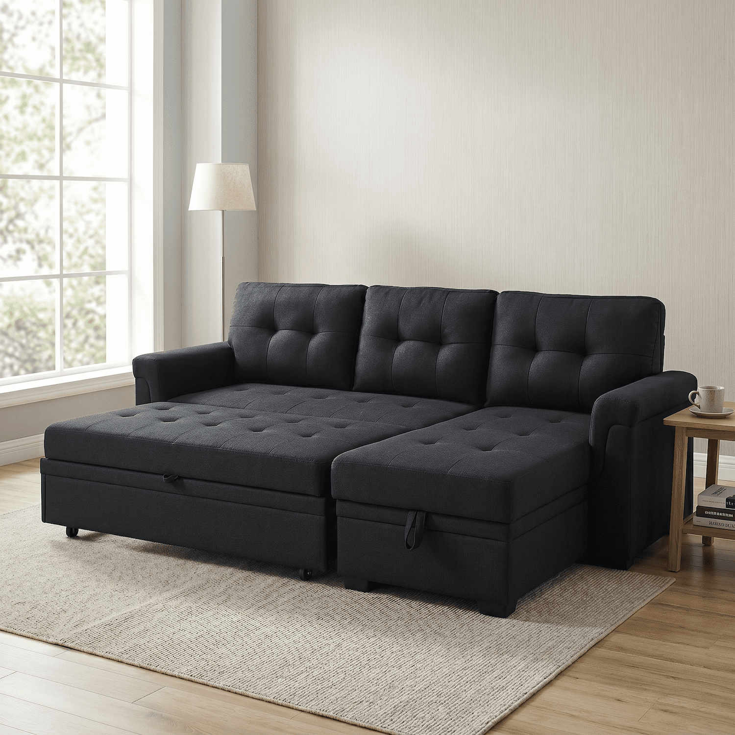 Convertible Sleeper Sofa Bed 86" L Shaped Sectional Couch with Pull Out Bed & Reversible Storage Chaise, Modern Linen Fabric Sofa Couch for Living Room Apartment (Black)