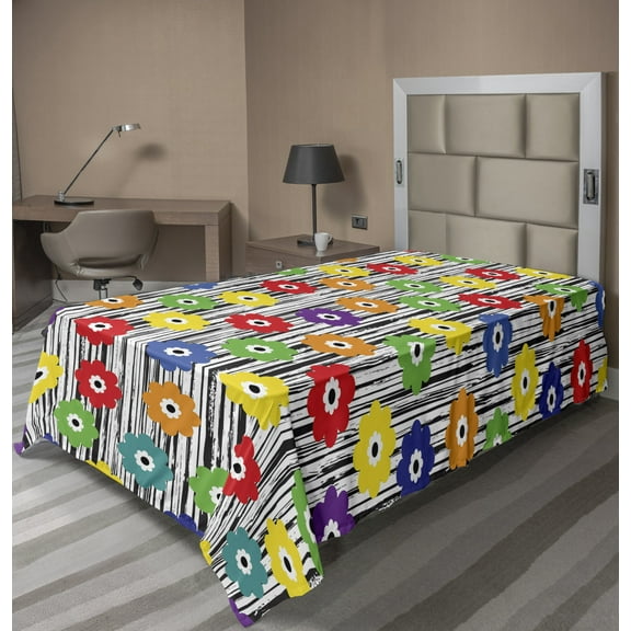 Ambesonne Colorful Flat Sheet, Repeating Vivid Petals, Twin Size, Charcoal Grey and White