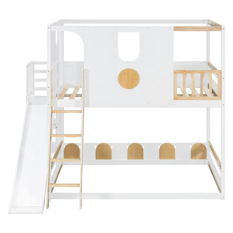 Full Size Versatile Kids Loft/Bunk Bed with Floor Bed, House Bed Frame with Slide, Storage Shelves and Guardrails