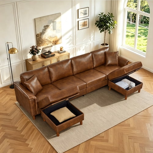 120" U-Shaped Sectional Sofa with 2 Removable Storage Ottomans, Faux Leather Couch, Breathable PU Leather, Solid Wood Frame, Vintage Brown