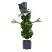 My_Texas_House Christmas Snowman Decor 30'' Artificial Snowman Shaped Topiary Tree Pot with Red Bow Santa Hat Boxwood Topiaries for Christmas Home Decor Christmas Tree