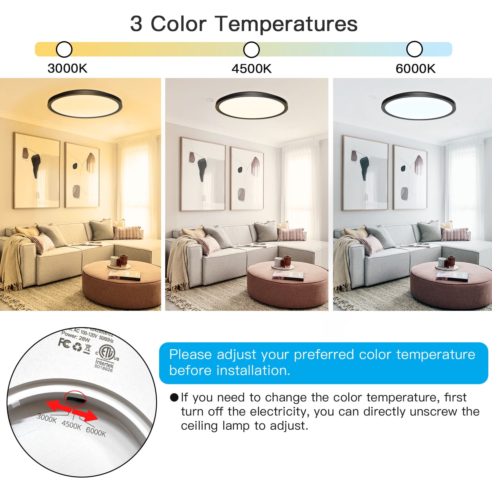 KOGYAS 12-Inch Flush Mount Ceiling Light, Modern Style, Black, for Kitchen, Bedroom, Utility Room