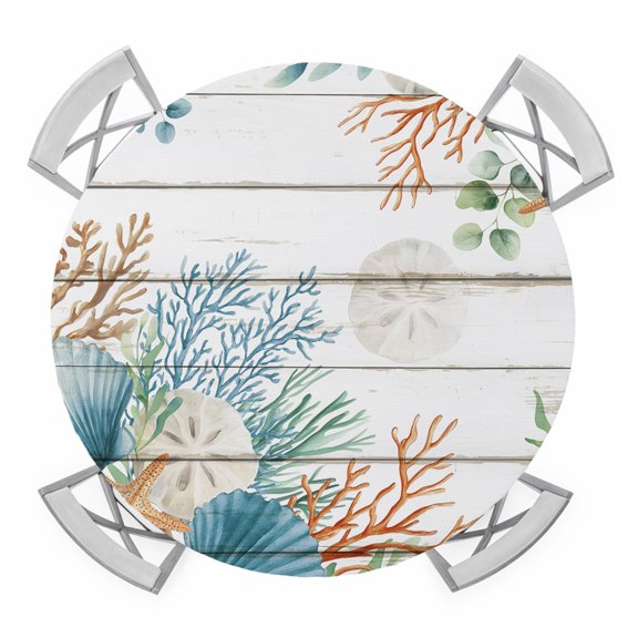 Beach Coastal Round Tablecloth for 45-54 Inch Tables,Fitted Table Cover with Elastic Edge,Summer Nautical Coral Shell Botanical Vintage Waterproof Outdoor Table Cloth Protector for Patio Dinner