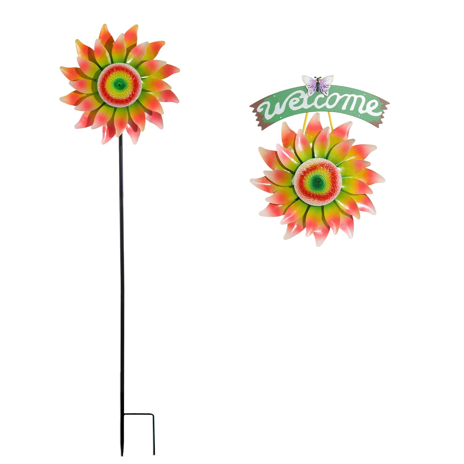48" Metal Pinwheel Wind Sculpture with Stake, 360° Rotating Windmill Yard Art, Sunflower Wind Spinners for Outdoor, Kinetic Wind Sculptures for Garden Lawn Backyard Patio Decoration(Q)