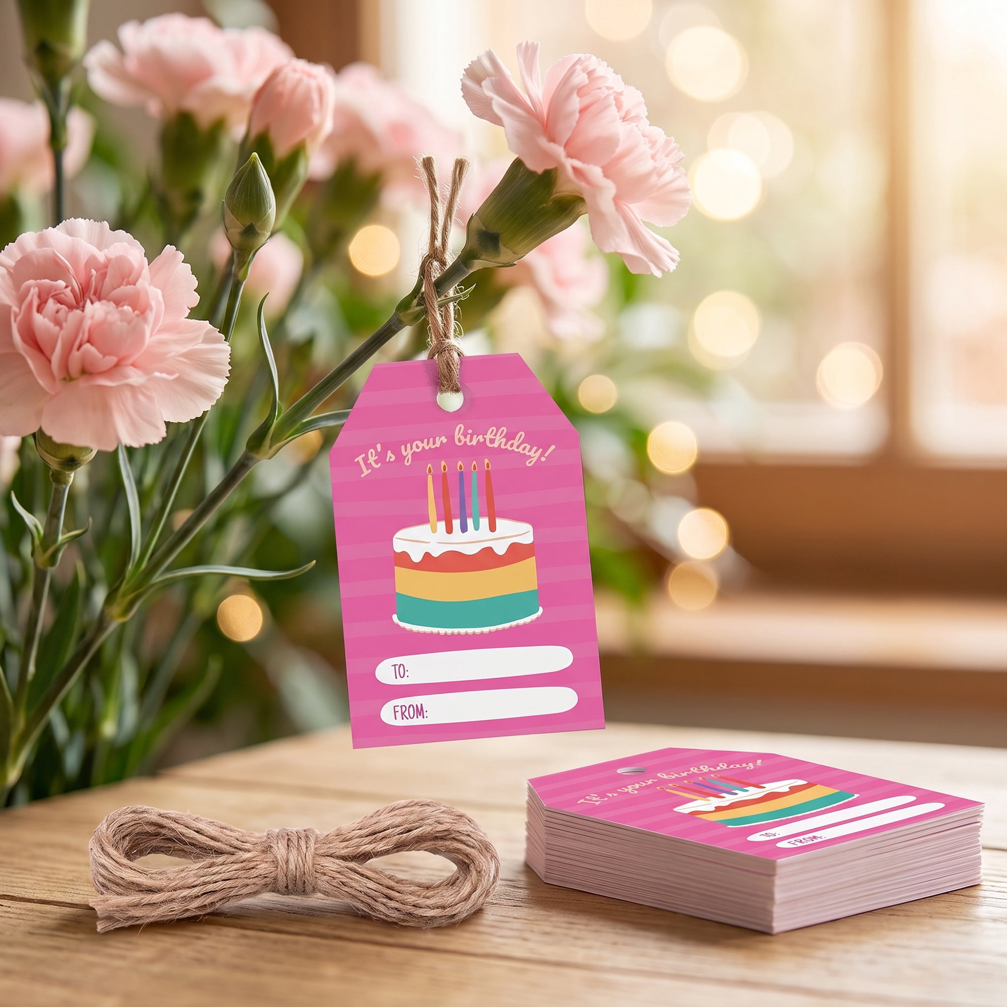 Unique Bargains 100Pcs Elegant Birthday Gift Tags with Twine Rainbow Cake 2" x 3.1"